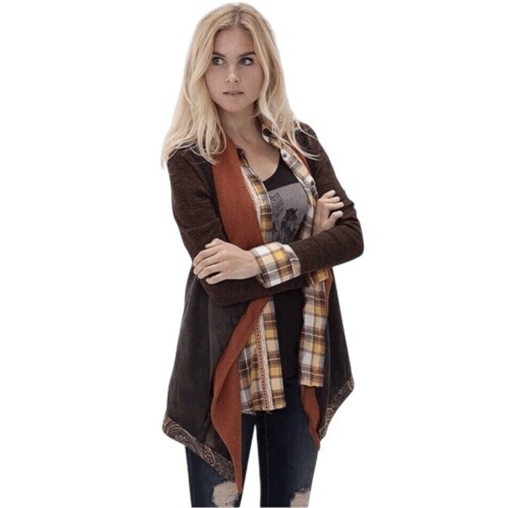 BKE Pieced‎ Open front Cardigan Sweater Jacket Small orange gray